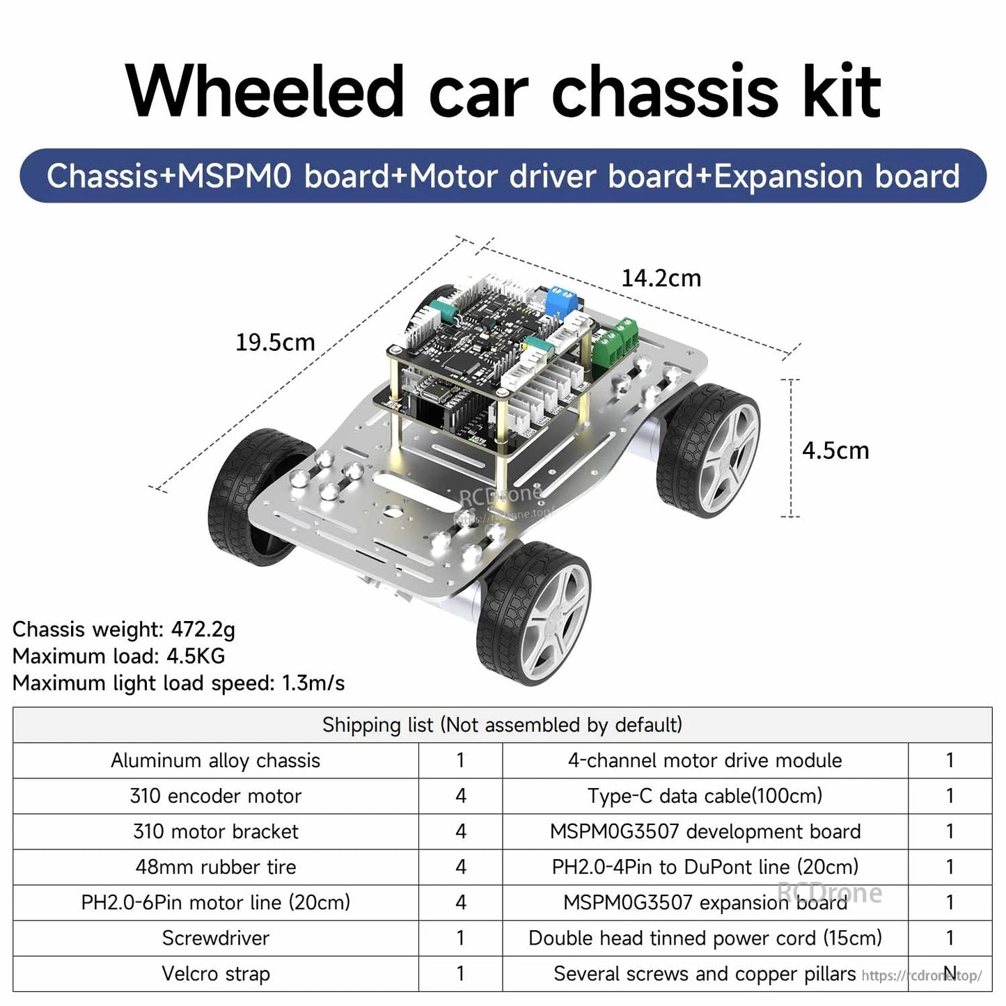 Wheeled car chassis kit with controller and expansion boards installed, dimensions and shipping list