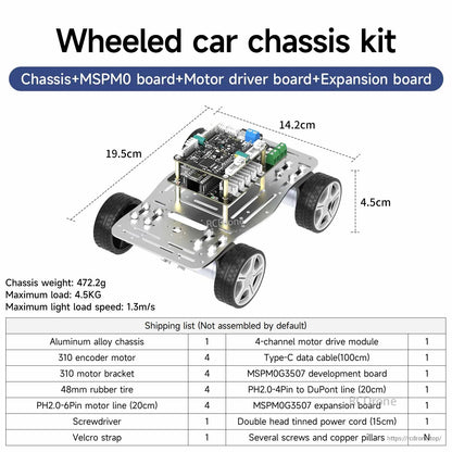 Wheeled car chassis kit with controller and expansion boards installed, dimensions and shipping list