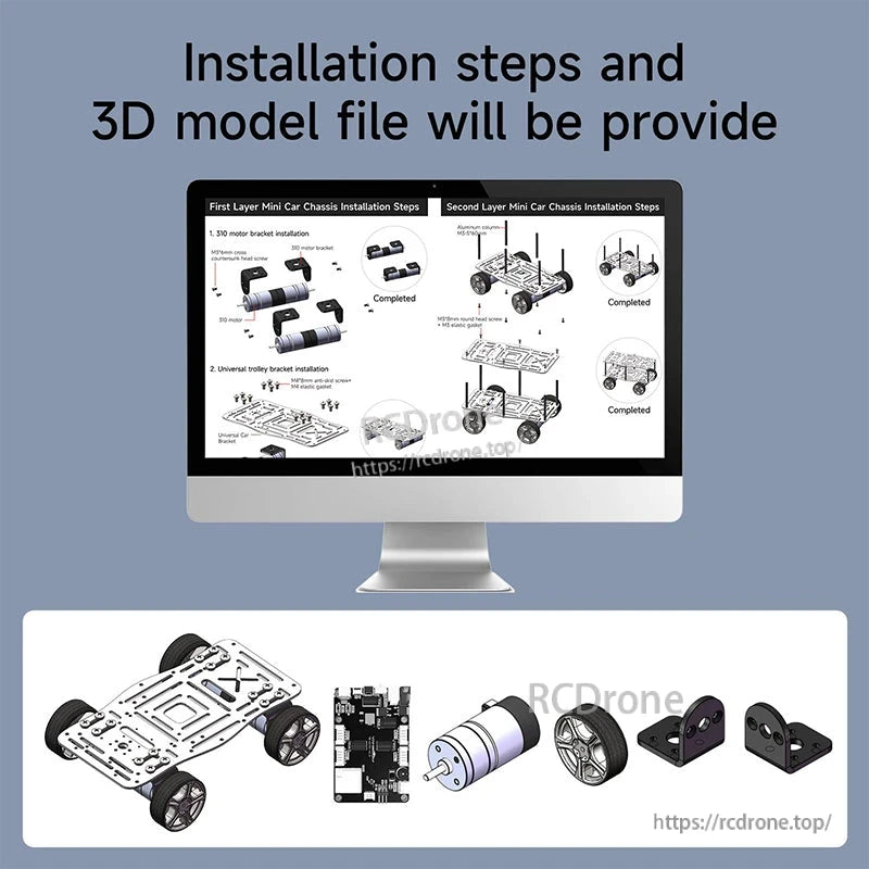 Installation steps and 3D model file provided graphic with parts icons beneath a monitor