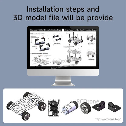 Installation steps and 3D model file provided graphic with parts icons beneath a monitor
