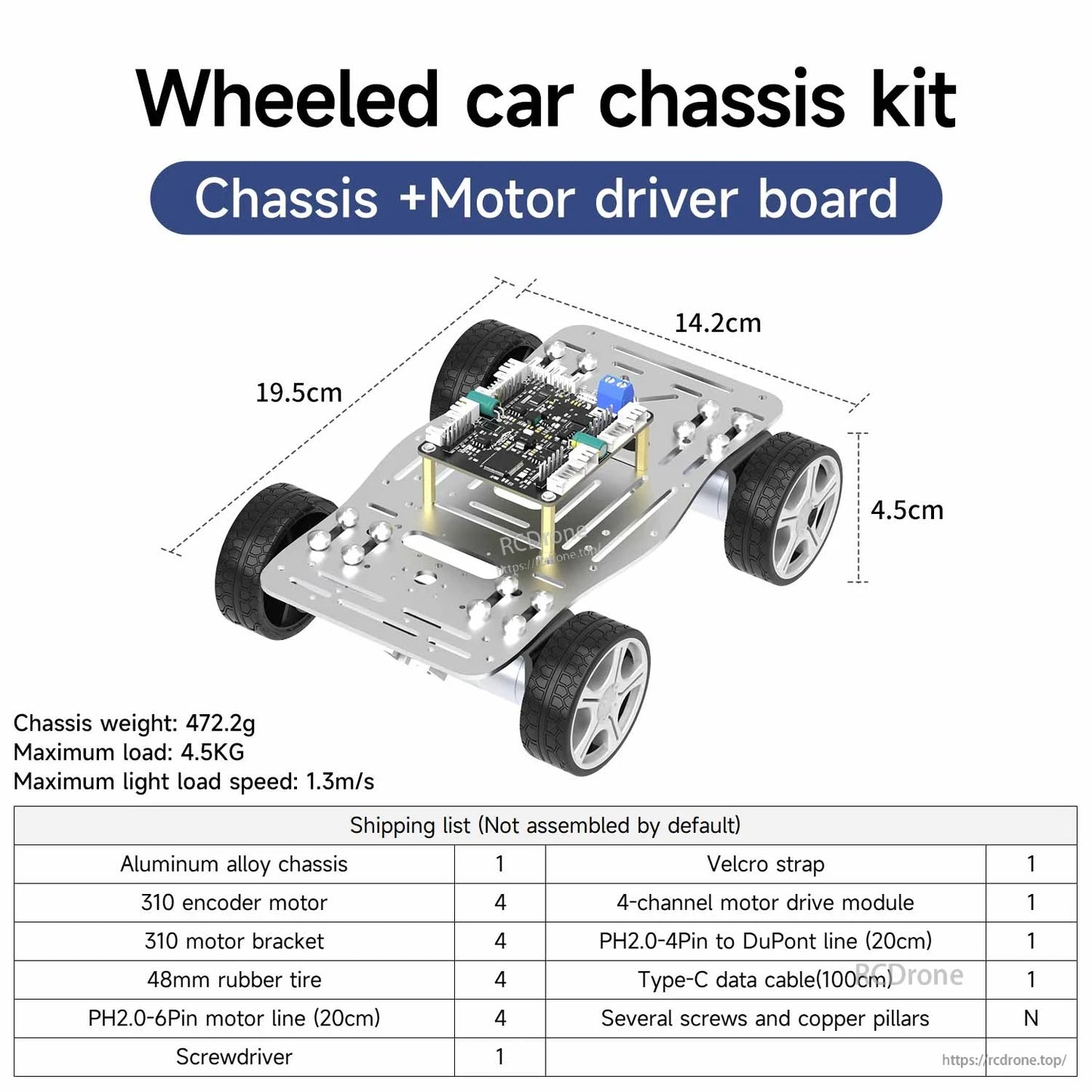 Wheeled car chassis kit with motor driver board installed, dimension diagram and shipping list