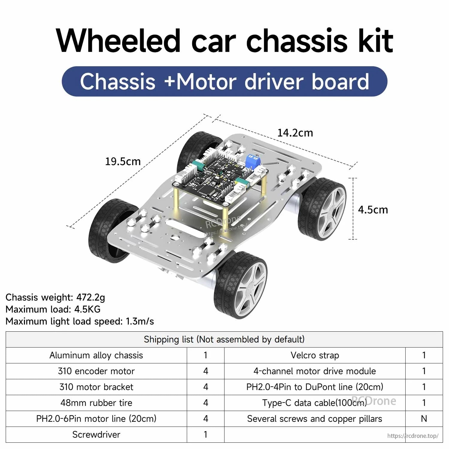 Wheeled car chassis kit with motor driver board installed, dimension diagram and shipping list