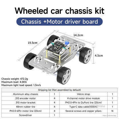 Wheeled car chassis kit with motor driver board installed, dimension diagram and shipping list
