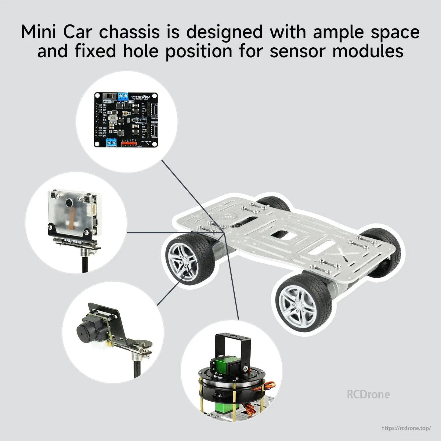 Yahboom Mini Wheeled Robot chassis graphic showing mounting space and example sensor module positions