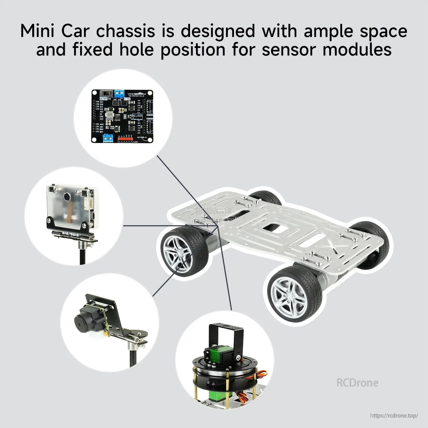Yahboom Mini Wheeled Robot chassis graphic showing mounting space and example sensor module positions