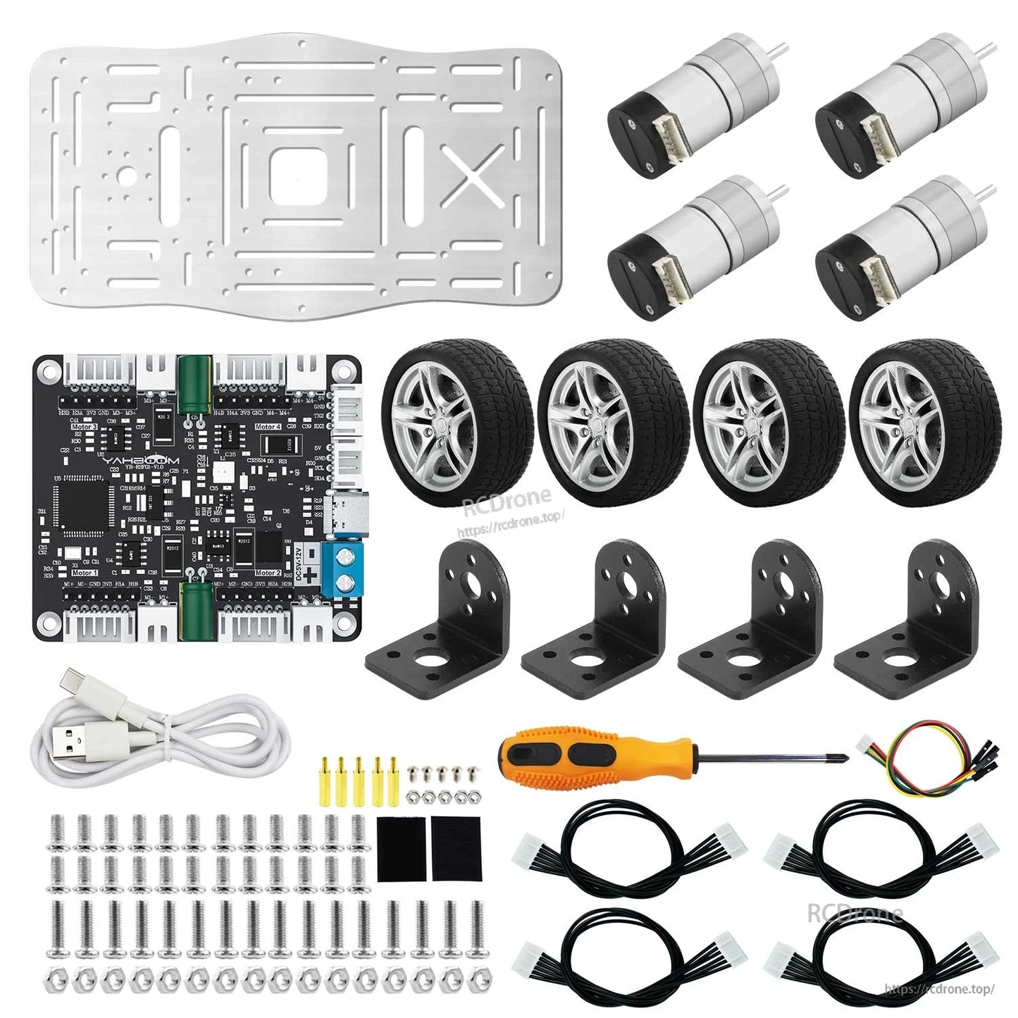Chassis kit contents with motor driver board: plate, 4 motors, wheels, board, USB cable, hardware and cables