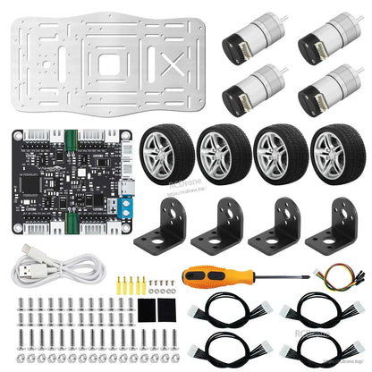 Chassis kit contents with motor driver board: plate, 4 motors, wheels, board, USB cable, hardware and cables