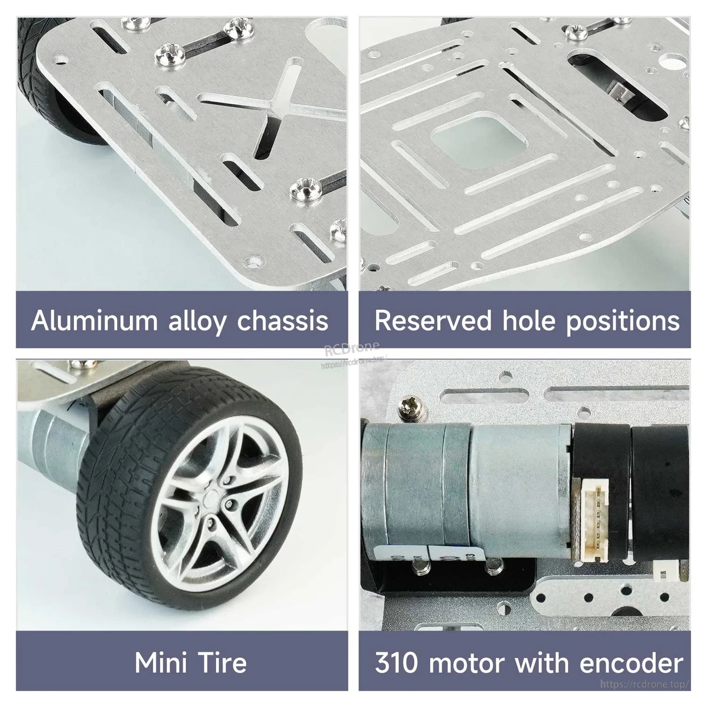 Close-up collage: aluminum alloy chassis slots, reserved mounting holes, mini tire, 310 motor with encoder