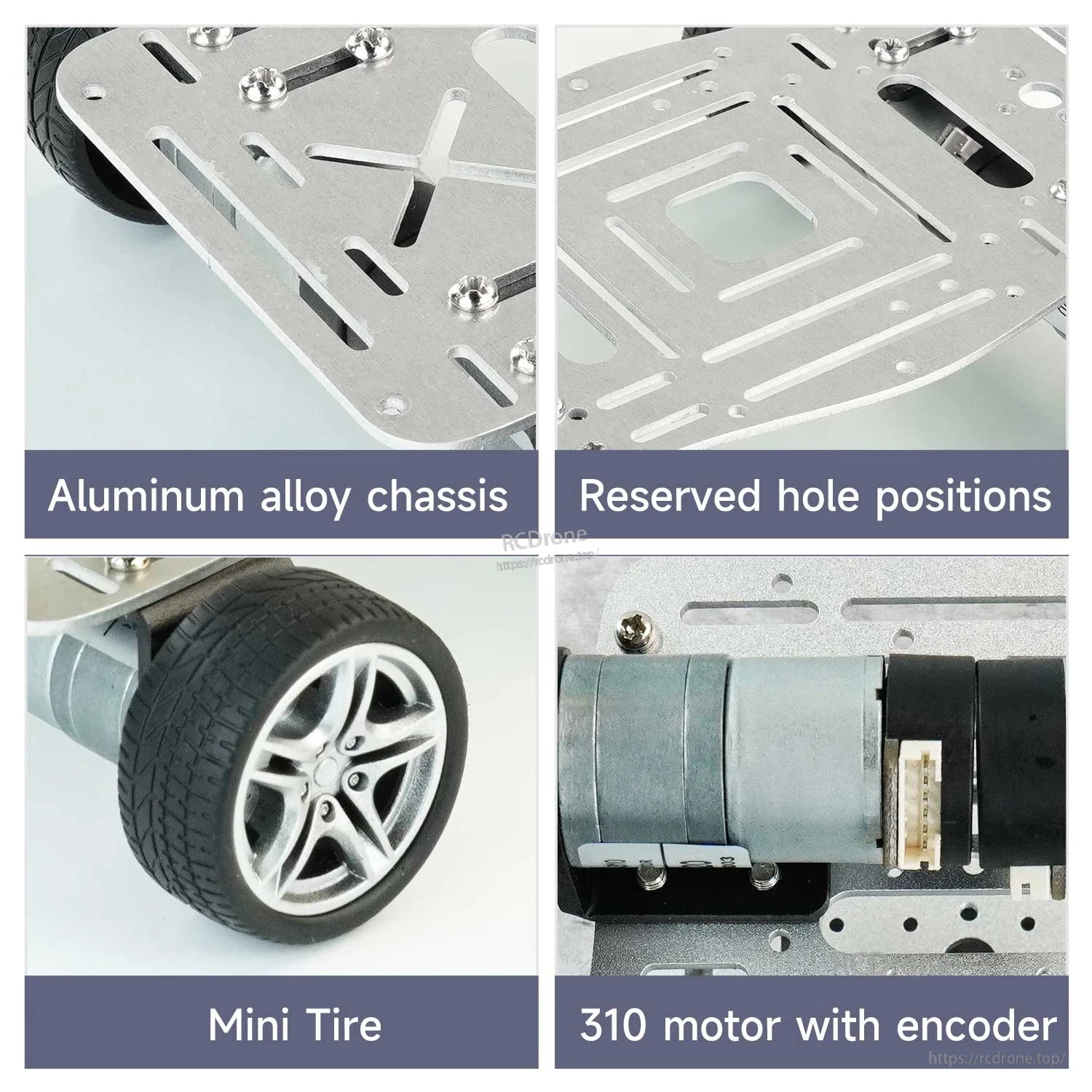 Close-up collage: aluminum alloy chassis slots, reserved mounting holes, mini tire, 310 motor with encoder
