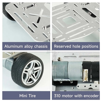 Close-up collage: aluminum alloy chassis slots, reserved mounting holes, mini tire, 310 motor with encoder