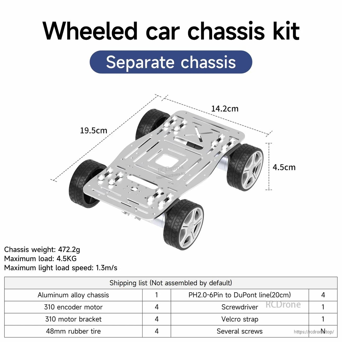 Wheeled car chassis kit (separate chassis) with dimension diagram and shipping list table