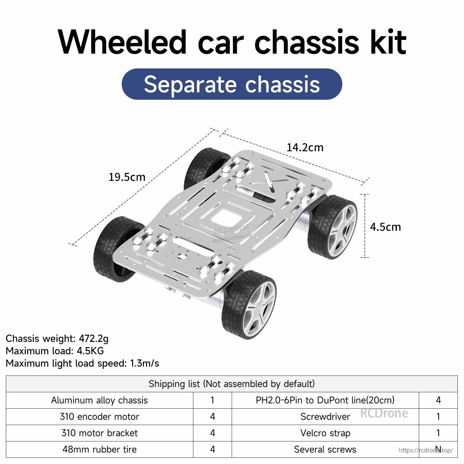 Wheeled car chassis kit (separate chassis) with dimension diagram and shipping list table