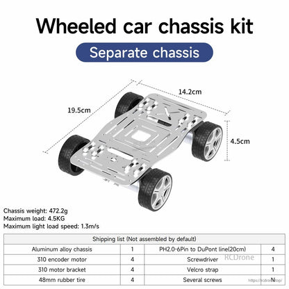 Wheeled car chassis kit (separate chassis) with dimension diagram and shipping list table