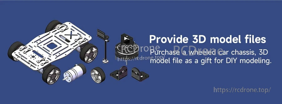 Exploded view of Yahboom mini wheeled robot chassis with top plate, four wheels, motor and mounting brackets
