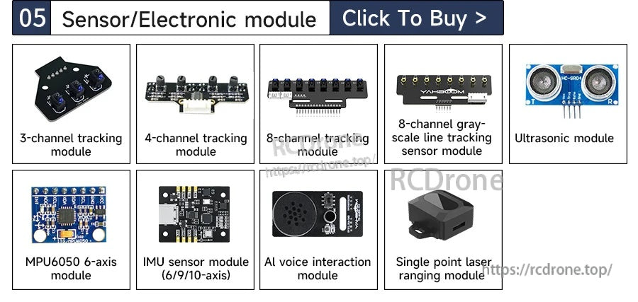Sensor and electronic module options grid: tracking sensors, line tracking, ultrasonic, MPU6050 IMU, AI voice, laser range