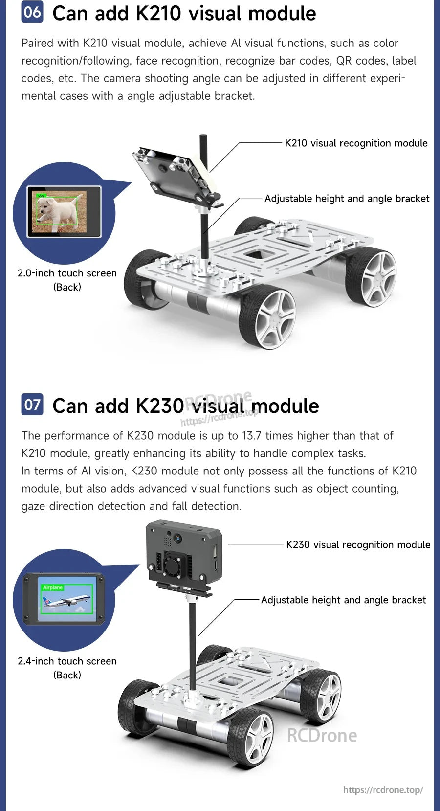 Optional K210 and K230 visual recognition modules mounted on the chassis with adjustable bracket and touch display