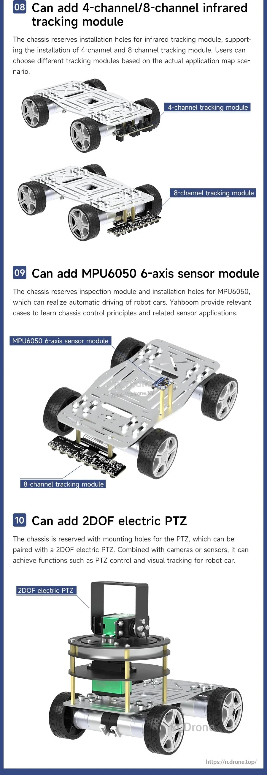 Optional add-ons for the chassis: infrared tracking modules, MPU6050 6-axis sensor module, and 2DOF electric PTZ mount