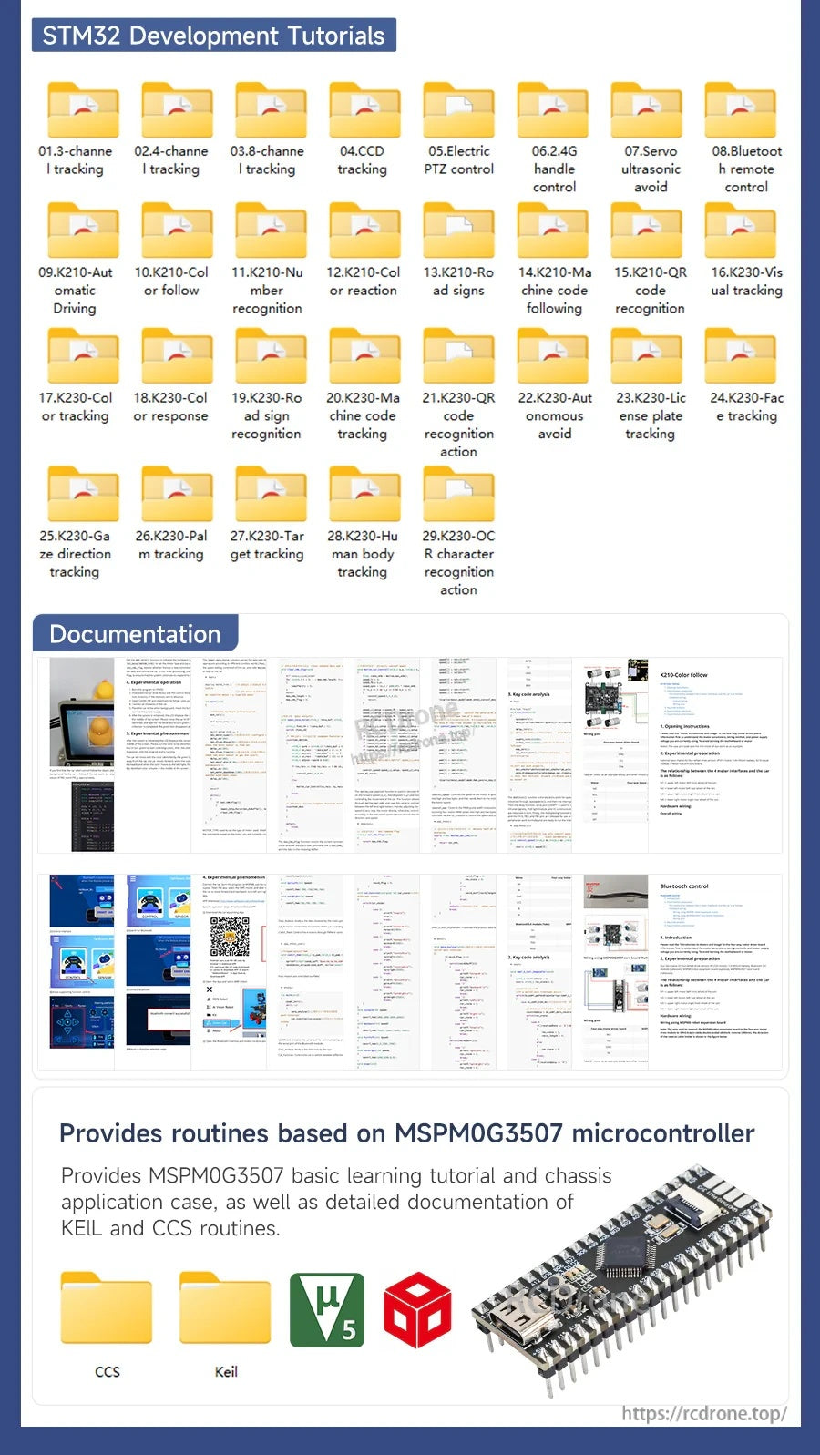 Screenshot of STM32 development tutorial folders and documentation pages with a small microcontroller board