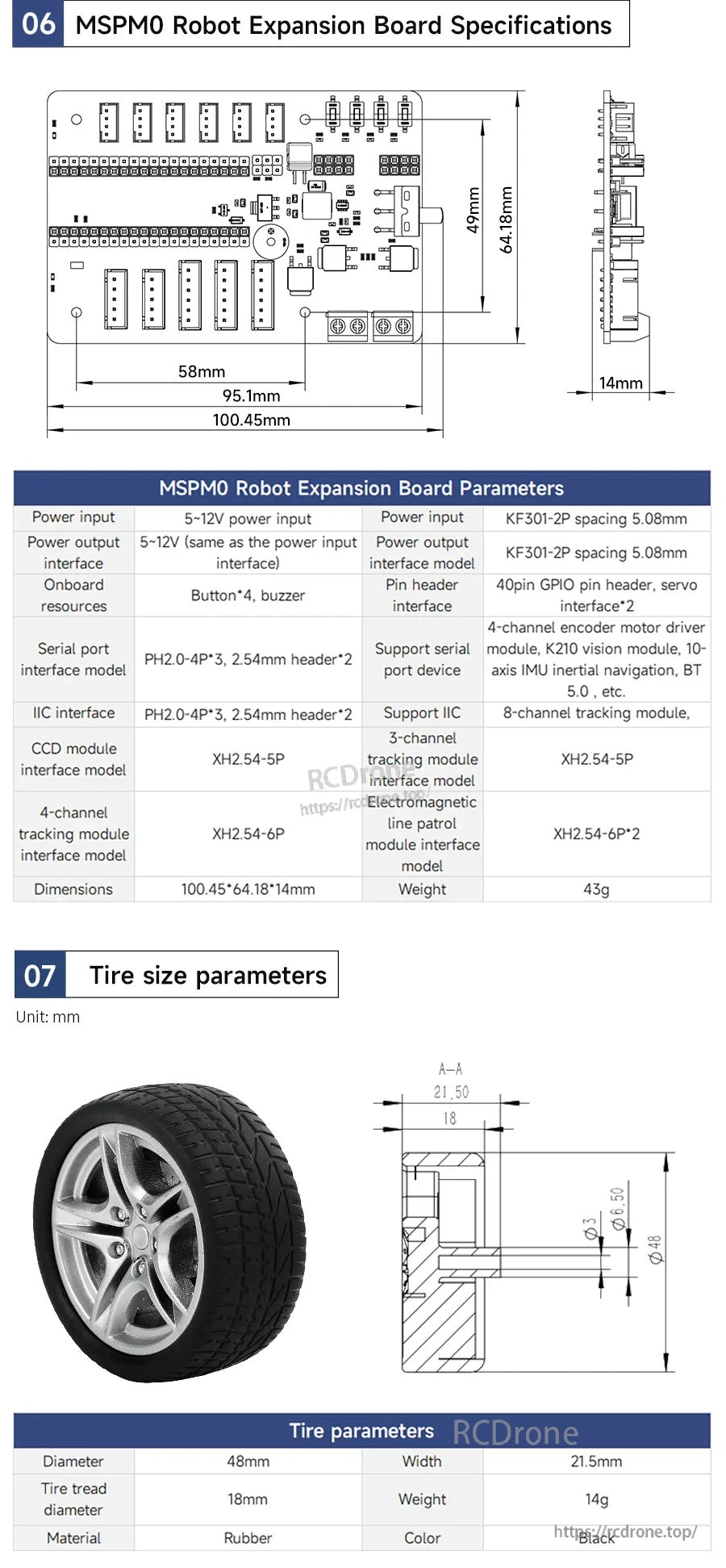 Specification sheet for mini wheeled robot expansion board layout and tire dimensions (48mm diameter, 27.5mm width)