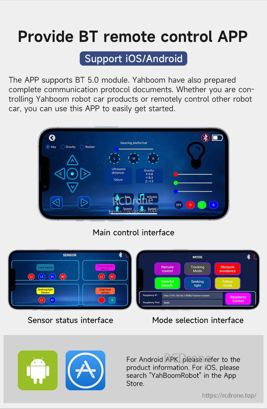 Yahboom BT remote control app interface on smartphone, with iOS/Android support and mode selection screens