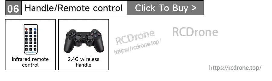 Remote control accessory options: infrared remote control and 2.4G wireless gamepad handle