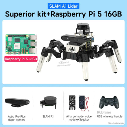 Superior kit + Raspberry Pi 5 16GB bundle graphic with SLAM A1 LiDAR, depth camera, voice module and USB handle