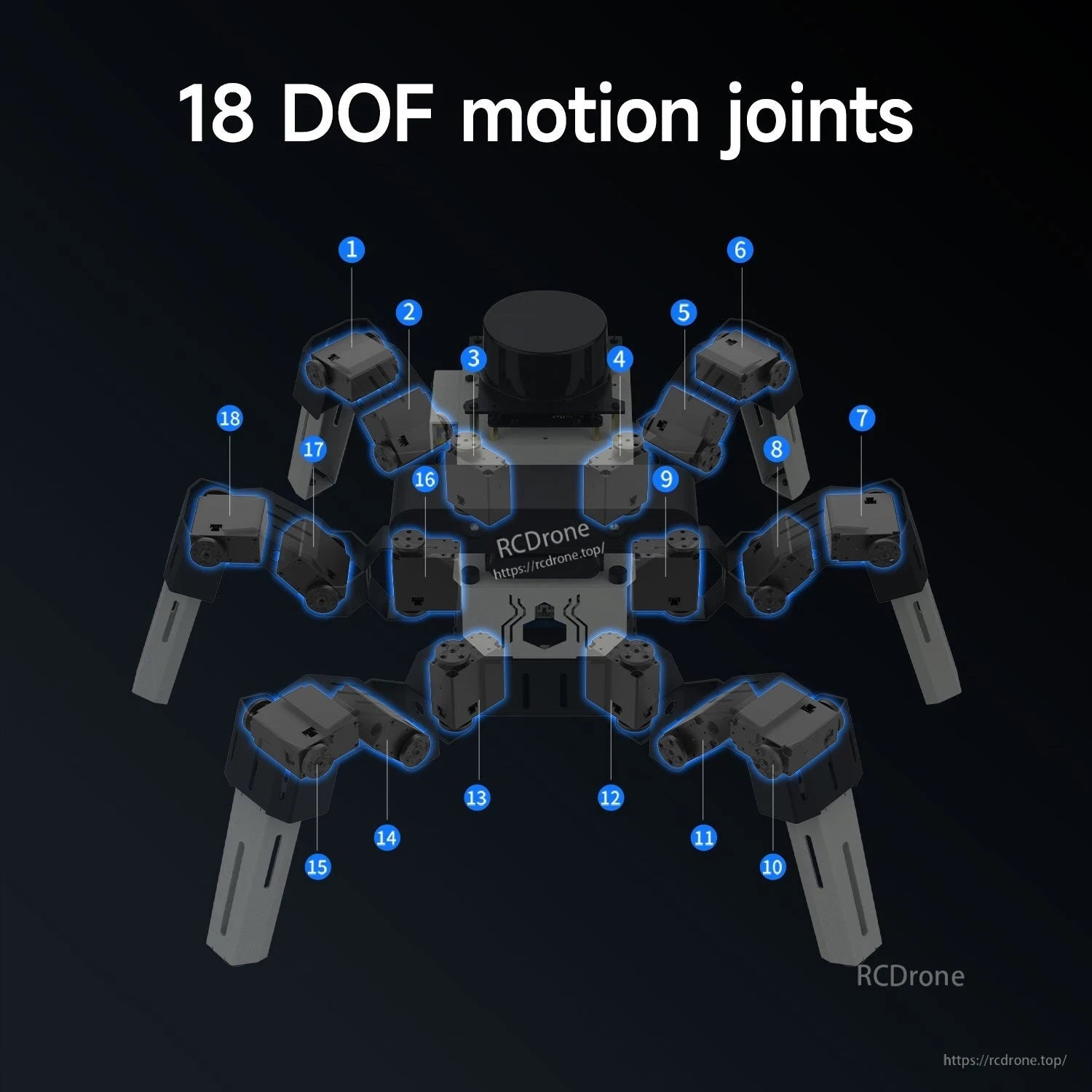 18 DOF motion joints diagram labeling the hexapod’s 18 servo joint positions