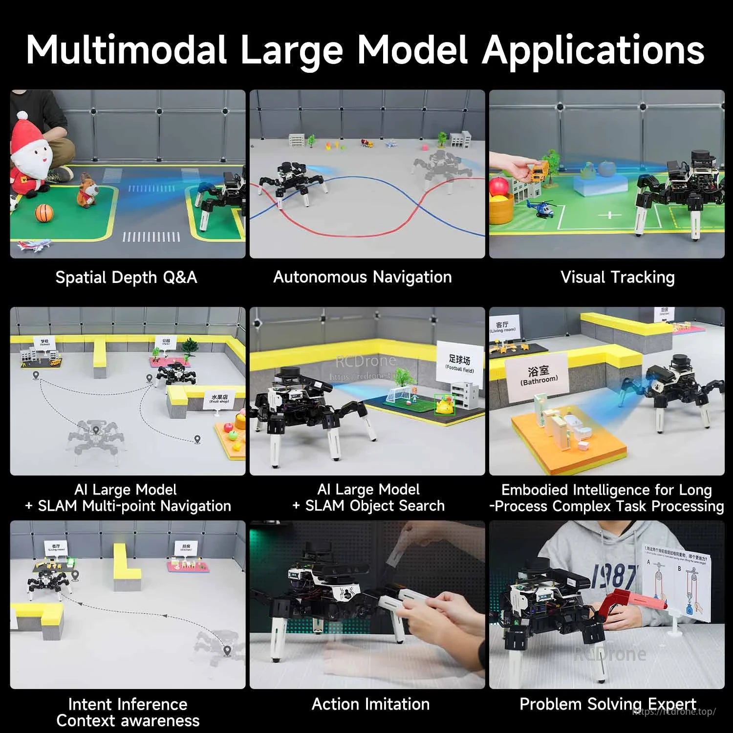 Multimodal large model applications collage: depth Q&A, navigation, tracking, object search, imitation, problem solving