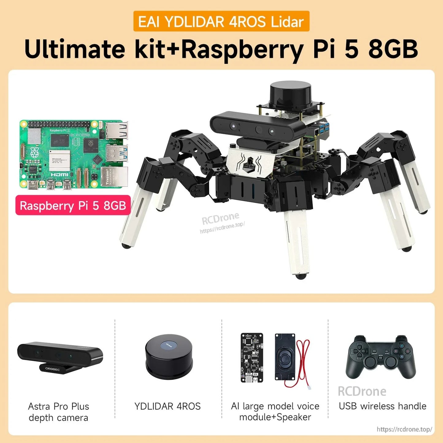 Ultimate kit + Raspberry Pi 5 8GB bundle contents graphic with depth camera, YDLIDAR 4ROS, voice module and USB handle