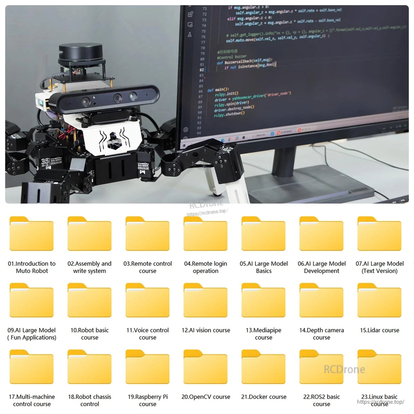 Robot beside monitor with course folders for assembly, remote control, AI basics, ROS2, OpenCV, Docker and more