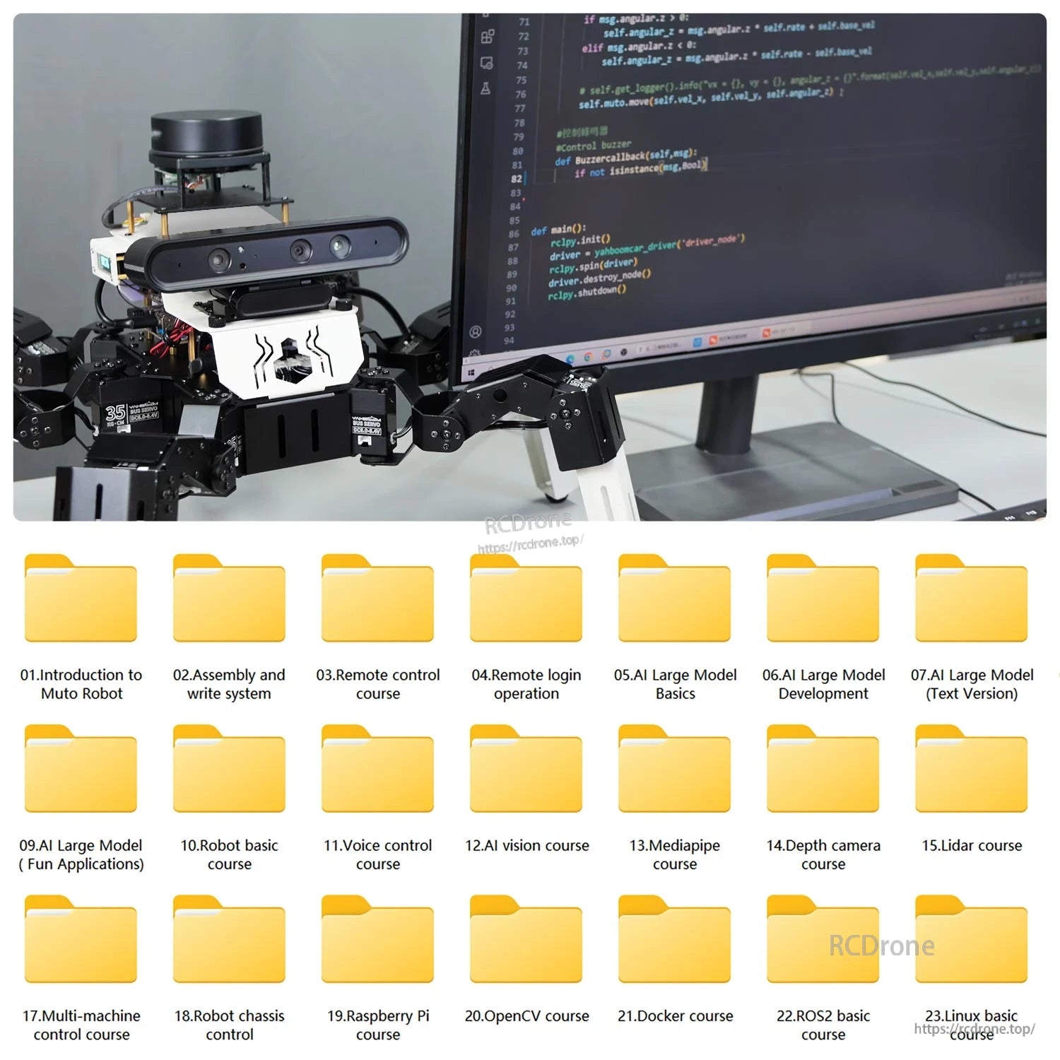 Robot beside monitor with course folders for assembly, remote control, AI basics, ROS2, OpenCV, Docker and more