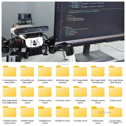 Robot beside monitor with course folders for assembly, remote control, AI basics, ROS2, OpenCV, Docker and more