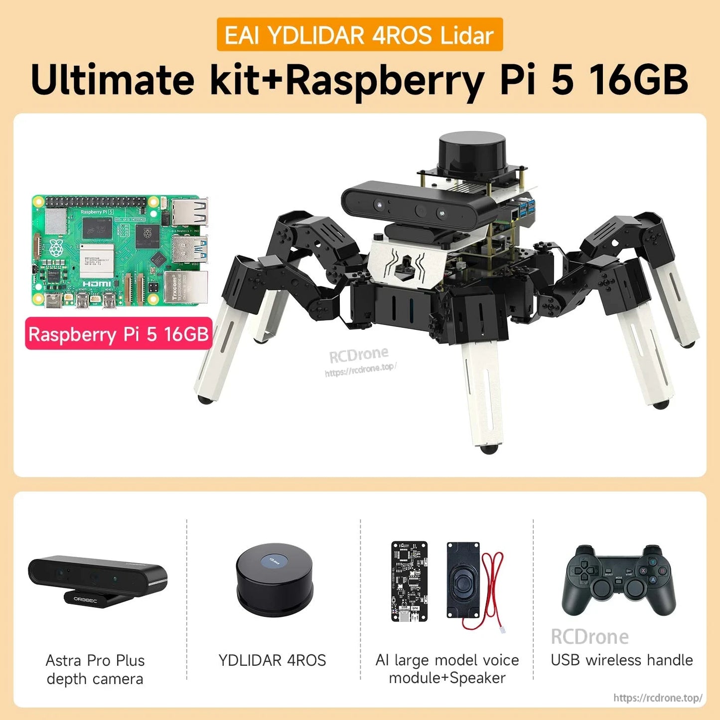 Ultimate kit + Raspberry Pi 5 16GB bundle graphic with YDLIDAR 4ROS, depth camera, voice module and USB handle