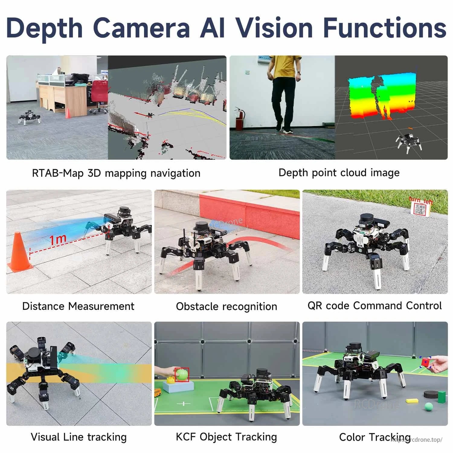 Depth camera AI vision functions collage: RTAB-Map, point cloud, distance measure, obstacle, QR command, tracking