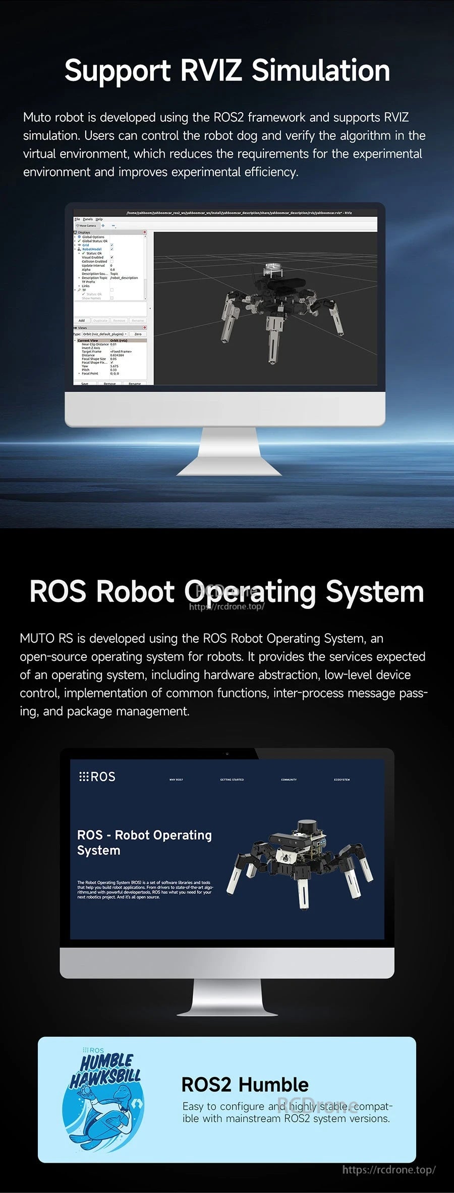 RViz simulation support and ROS robot operating system panel with ROS2 Humble badge and interface screenshots