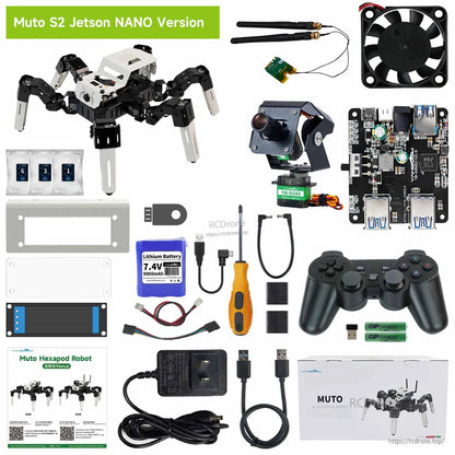 Muto S2 Jetson Nano version kit contents with main board, cooling fan, camera module, battery, controller, cables