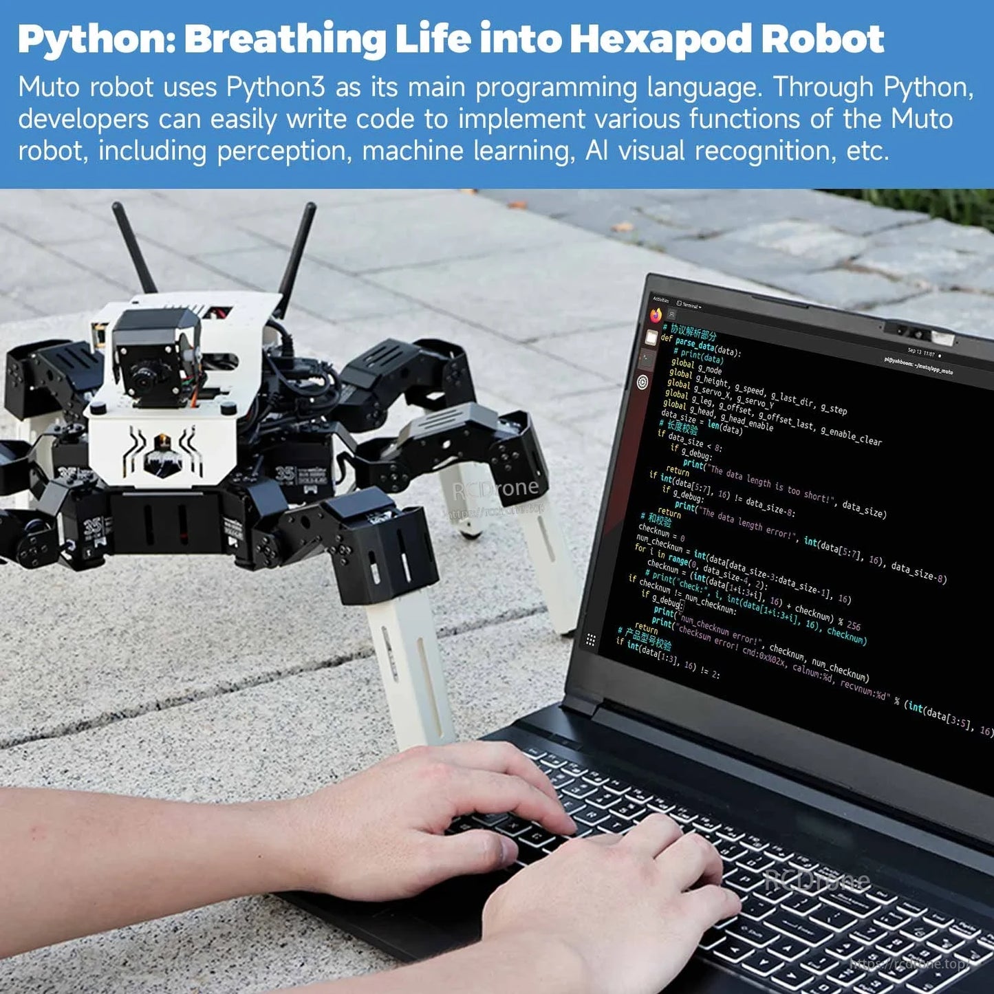 Python programming example with laptop code controlling the Muto S2 AI vision hexapod robot outdoors