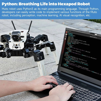 Python programming example with laptop code controlling the Muto S2 AI vision hexapod robot outdoors