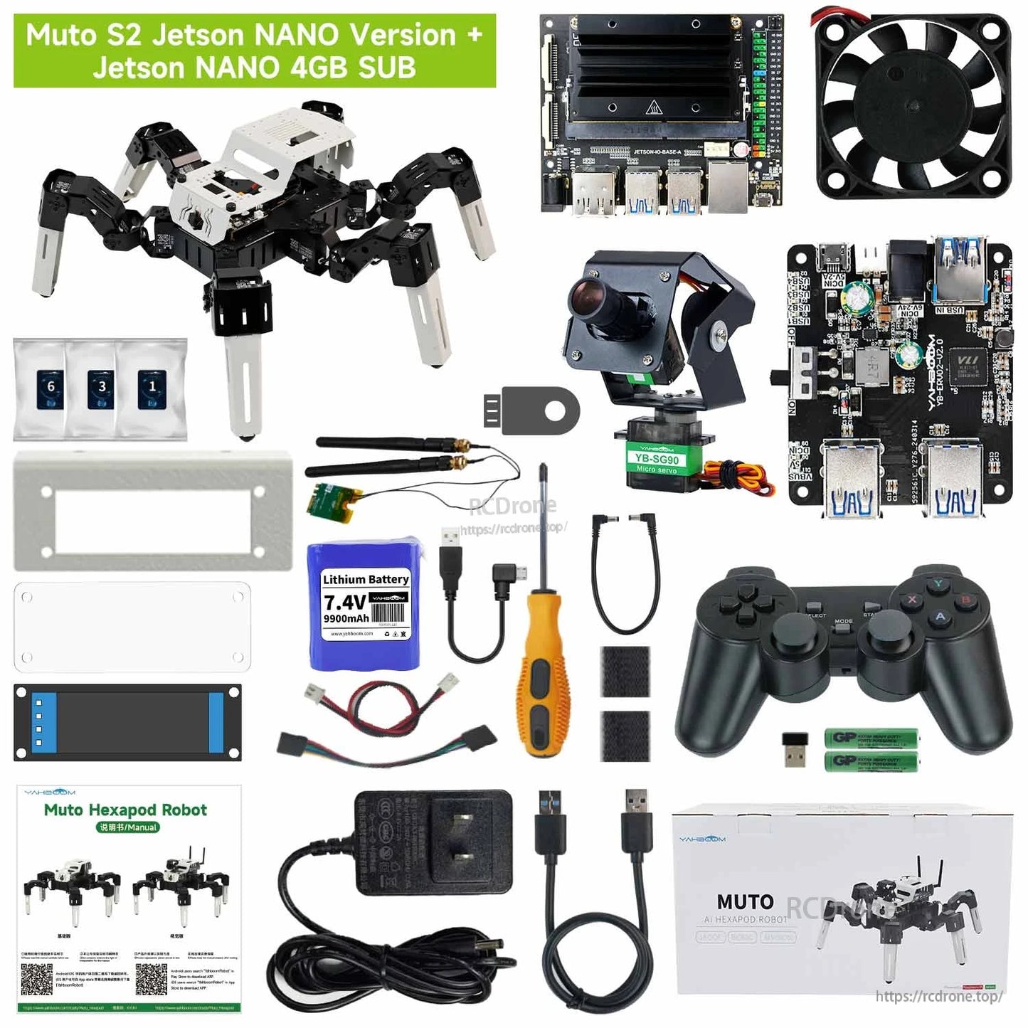 Muto S2 Jetson Nano 4GB SUB version kit contents with Jetson board, fan, camera, battery, gamepad, cables