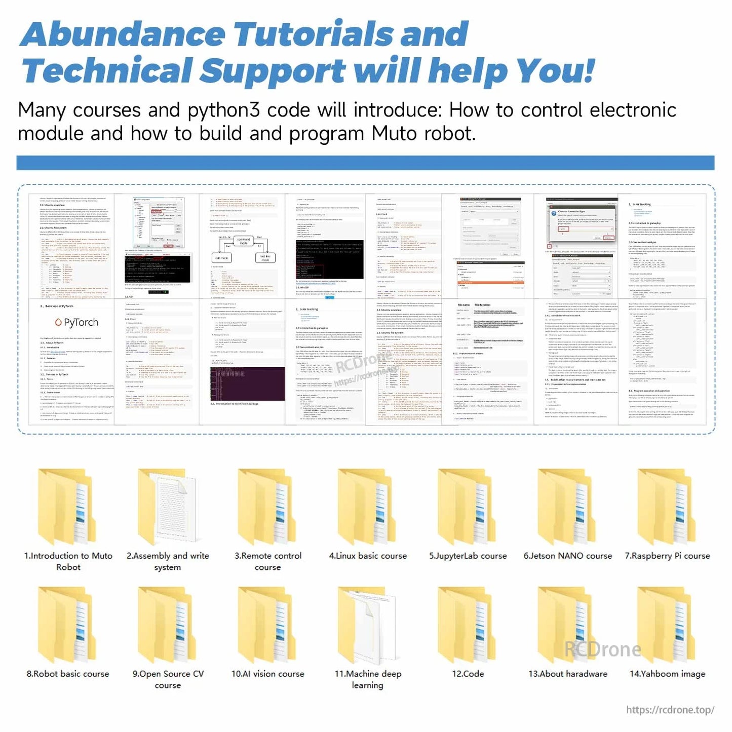 Tutorials and technical support graphic showing course files for Muto robot programming and setup