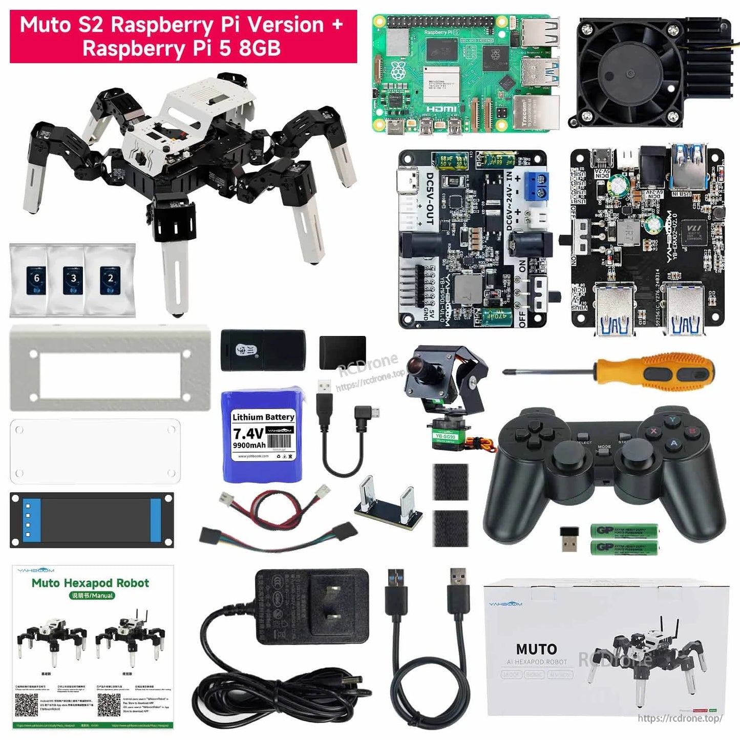 Muto S2 Raspberry Pi version kit contents with Raspberry Pi board, controller, battery, camera, cables, tools