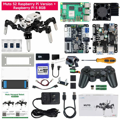 Muto S2 Raspberry Pi version kit contents with Raspberry Pi board, controller, battery, camera, cables, tools