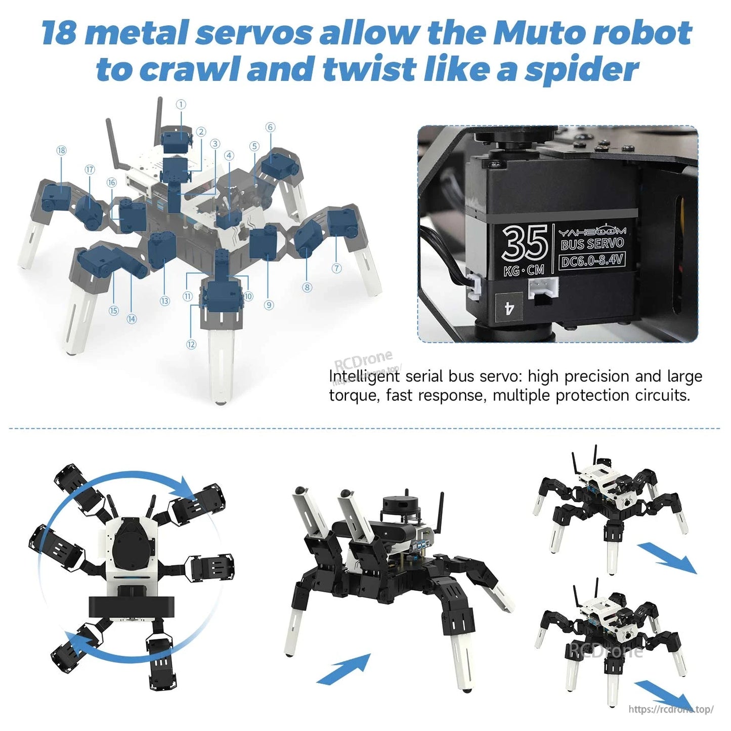 18 metal servo layout on Muto S2 hexapod with bus servo close-up and crawling motion diagram