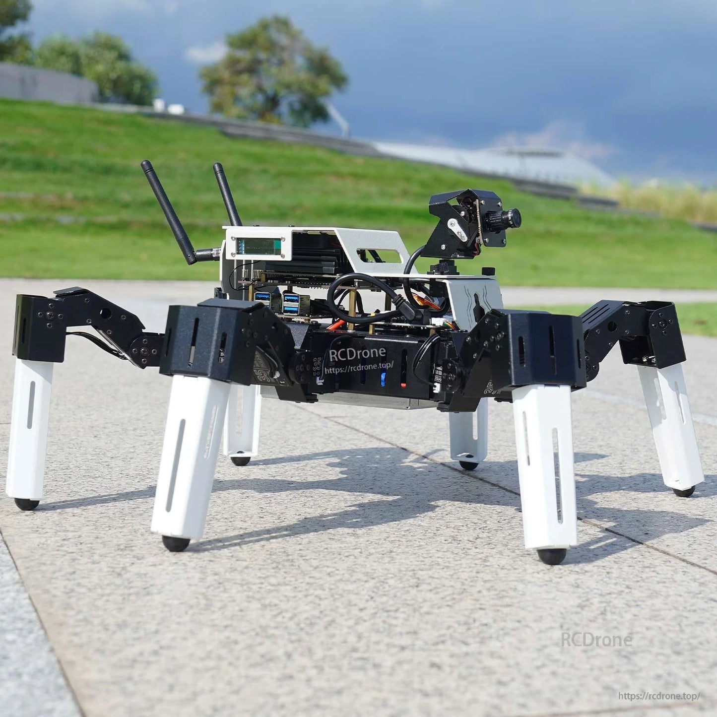 Side view of assembled Muto S2 hexapod robot on pavement showing camera mount and antenna modules