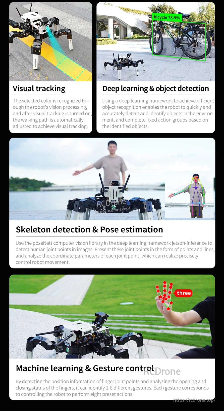 Advanced vision demos: visual tracking, object detection, pose estimation, and gesture control on the hexapod