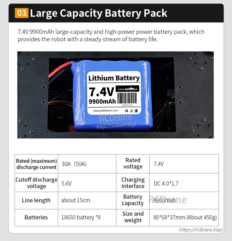 Yahboom 7.4V 9900mAh lithium battery pack for Muto S2 hexapod, with DC 4.0×1.7 charging port