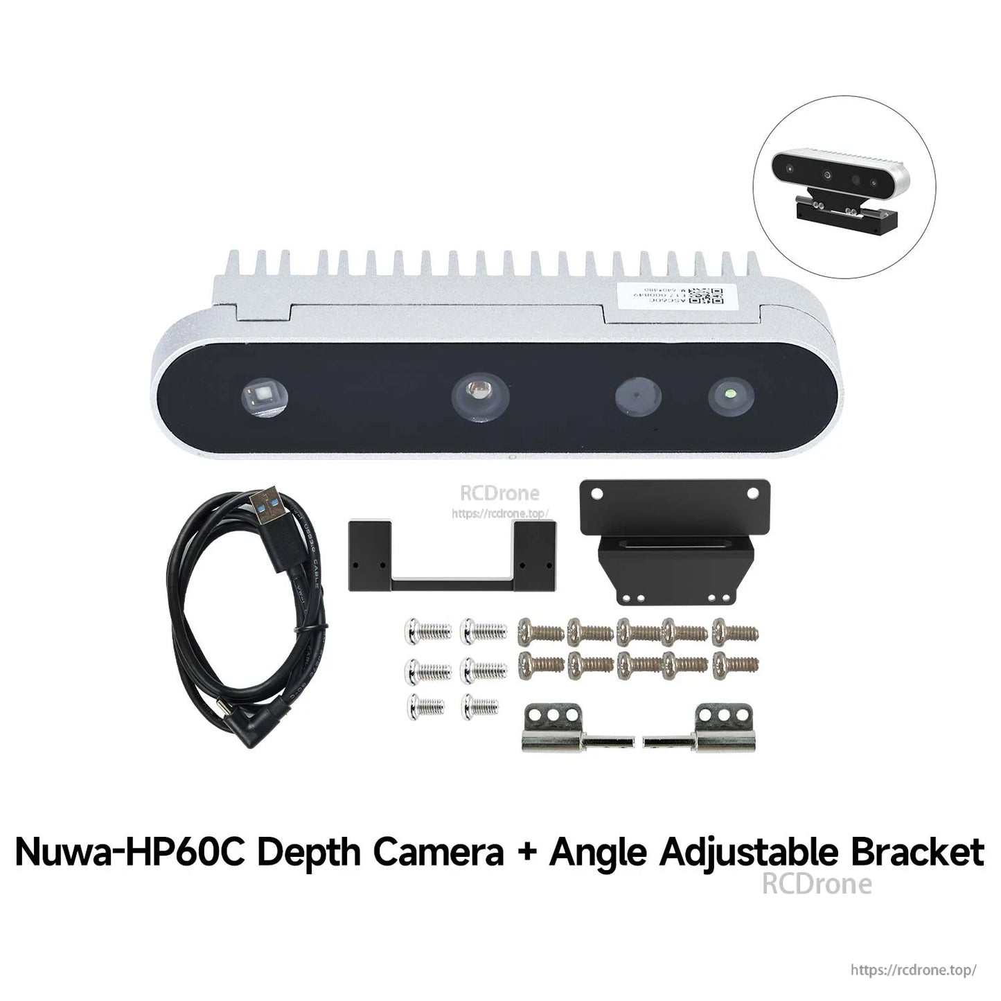 Package contents: Nuwa-HP60C depth camera, USB cable, adjustable bracket parts, screws and mounting hardware