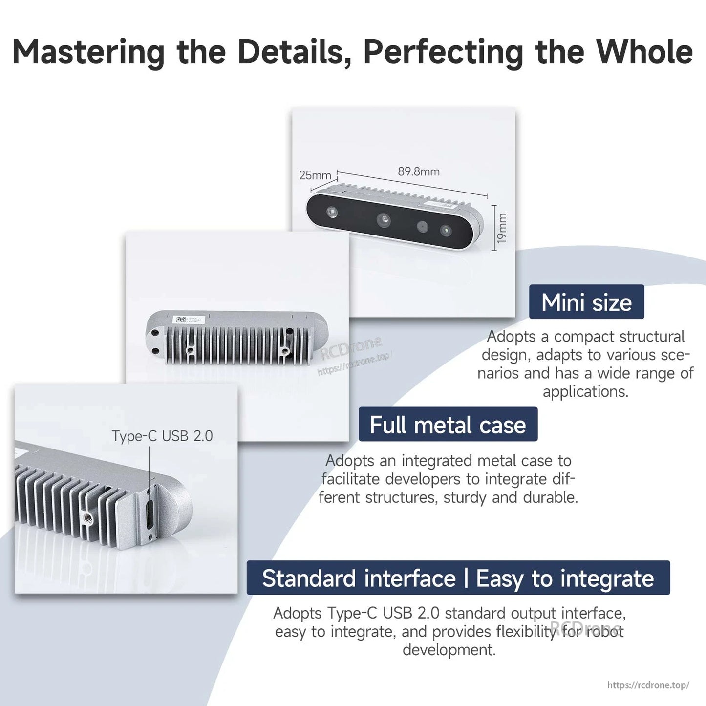 Compact metal case overview showing mini size dimensions and Type‑C USB 2.0 standard interface callouts