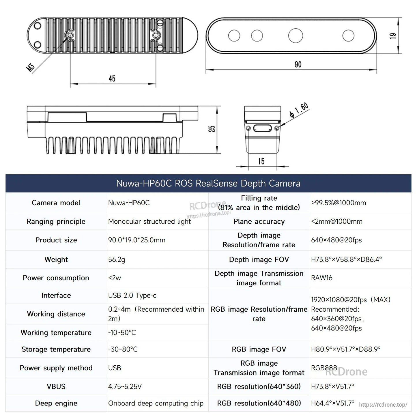 Nuwa-HP60C depth camera dimension drawing and specification table for ROS RealSense-style depth camera