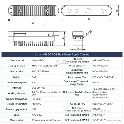 Nuwa-HP60C depth camera dimension drawing and specification table for ROS RealSense-style depth camera